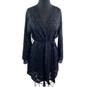 VTG Jones New York Black Wrap Robe Floral Lace Long Sleeve Drop Shoulder L/XL